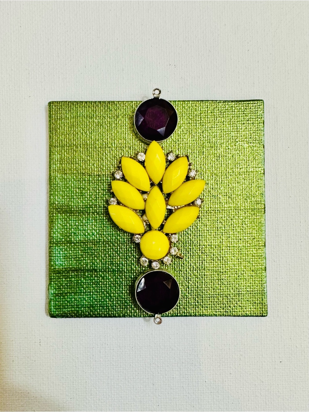 Handmade Yellow & Purple Jewel Magnet | Mixed Media Floral Art | 3x3”